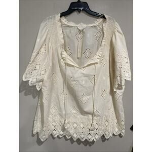 Adiva Peasant Top Blouse Boho Embroidered Eyelet Ivory Cream Plus Peasant Sz 3X